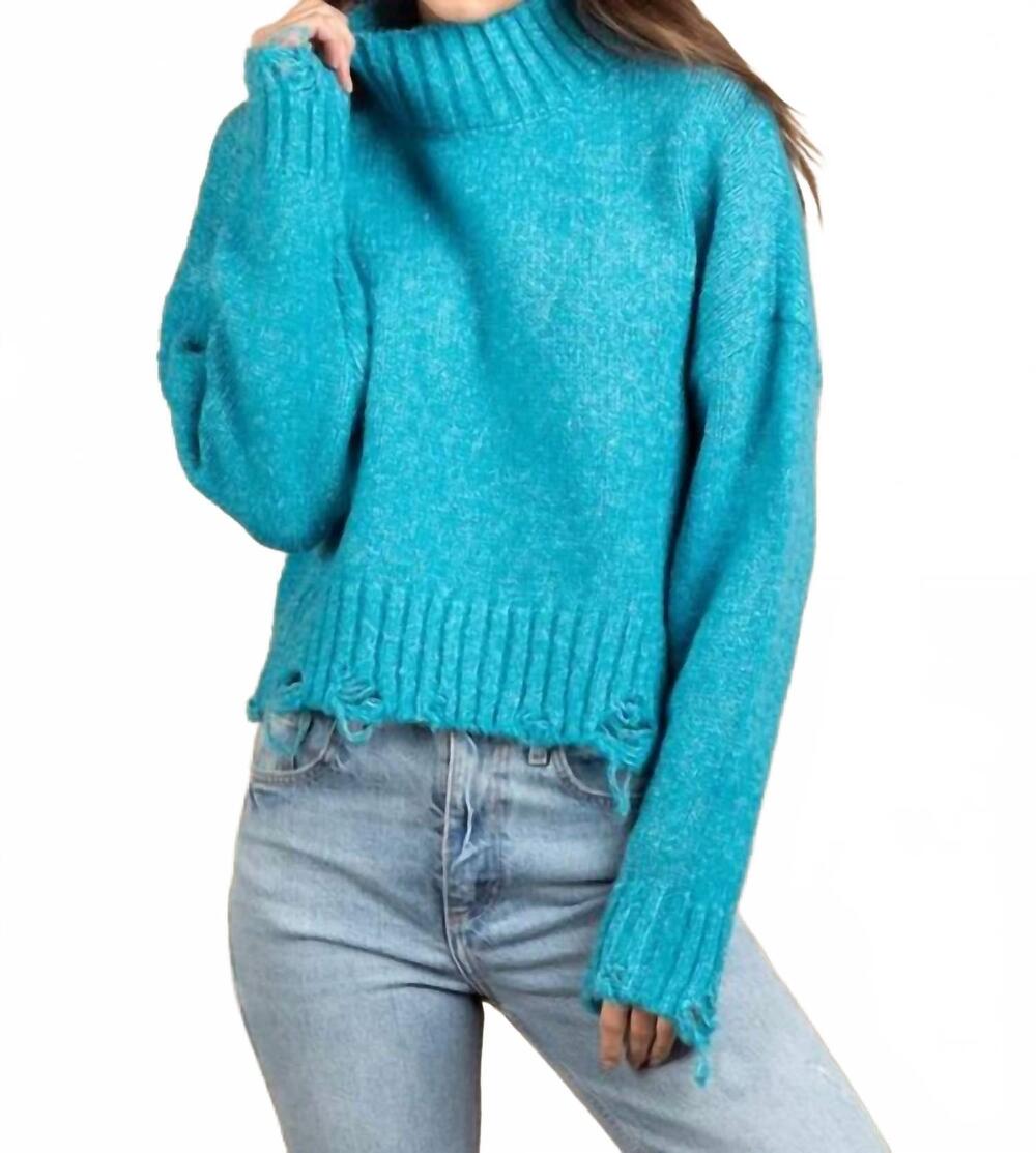 NEW FASHION DISTRICT LA long sleeve mock neck distressed sweater in blue